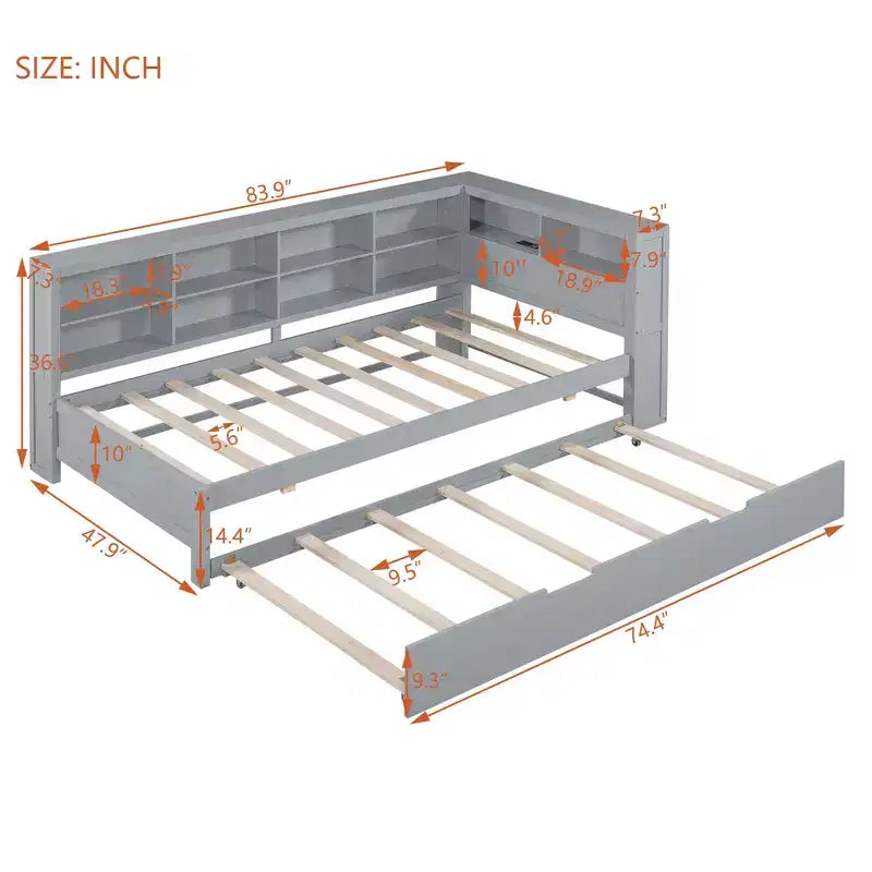 Daybed con letto estraibile, letto a piattaforma in legno con ripiano portaoggetti e porte di ricarica USB, letto basso per bambini, ragazzi e adulti