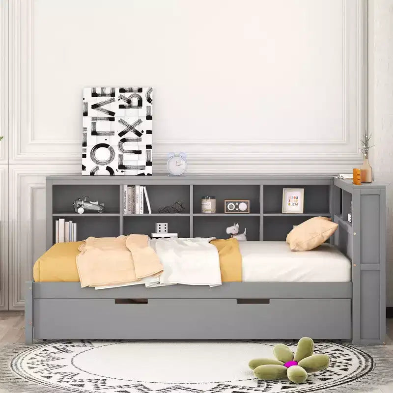 Daybed con letto estraibile, letto a piattaforma in legno con ripiano portaoggetti e porte di ricarica USB, letto basso per bambini, ragazzi e adulti