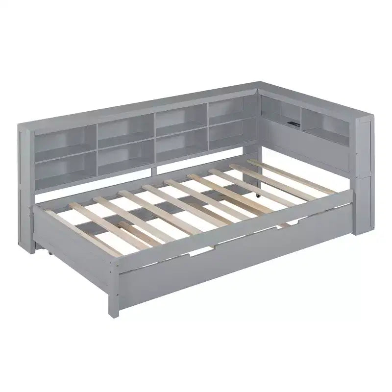 Daybed con letto estraibile, letto a piattaforma in legno con ripiano portaoggetti e porte di ricarica USB, letto basso per bambini, ragazzi e adulti