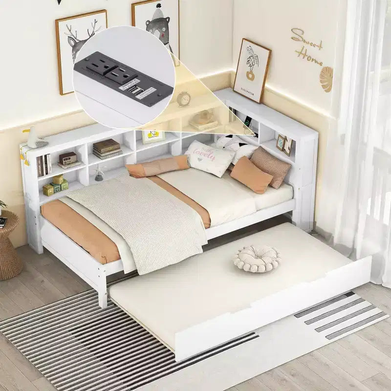Daybed con letto estraibile, letto a piattaforma in legno con ripiano portaoggetti e porte di ricarica USB, letto basso per bambini, ragazzi e adulti