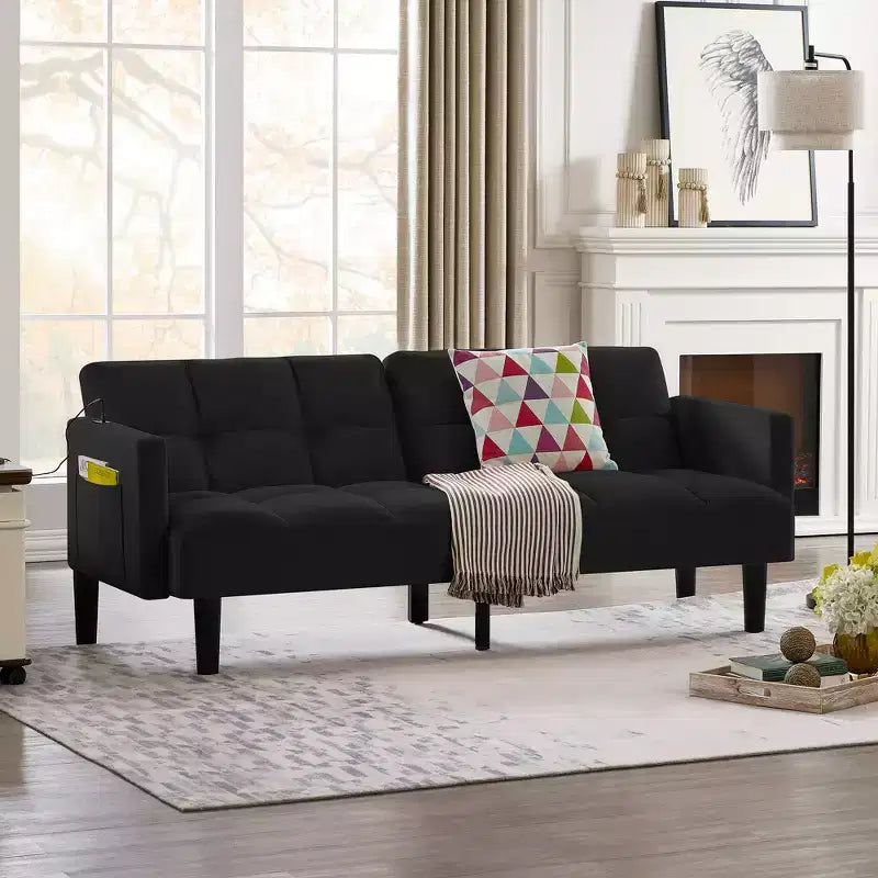 MAYEERTY Divano Futon in Velluto Convertibile Pieghevole a Tre Posti Divano Letto Trapuntato per Appartamento Nero