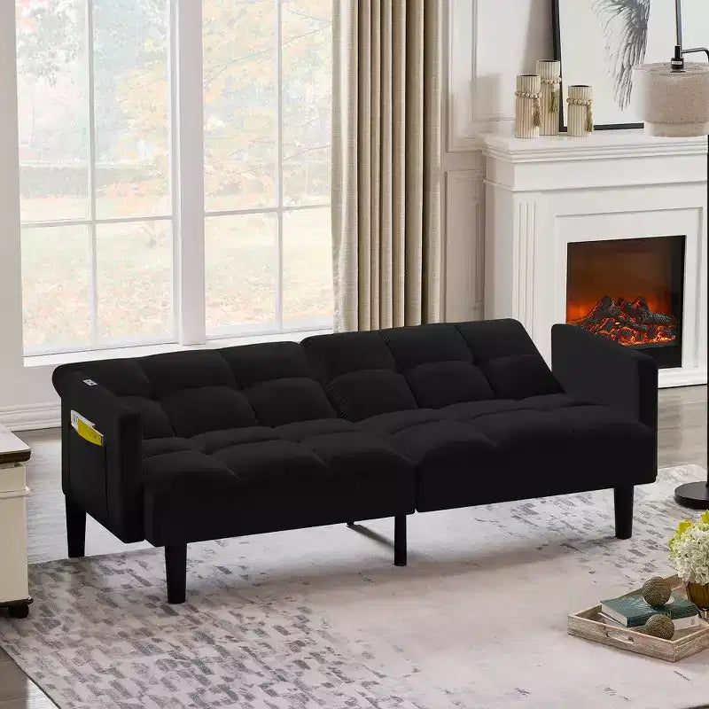 MAYEERTY Divano Futon in Velluto Convertibile Pieghevole a Tre Posti Divano Letto Trapuntato per Appartamento Nero