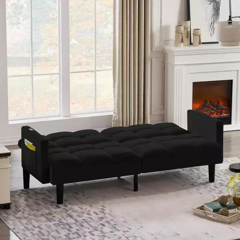 MAYEERTY Divano Futon in Velluto Convertibile Pieghevole a Tre Posti Divano Letto Trapuntato per Appartamento Nero
