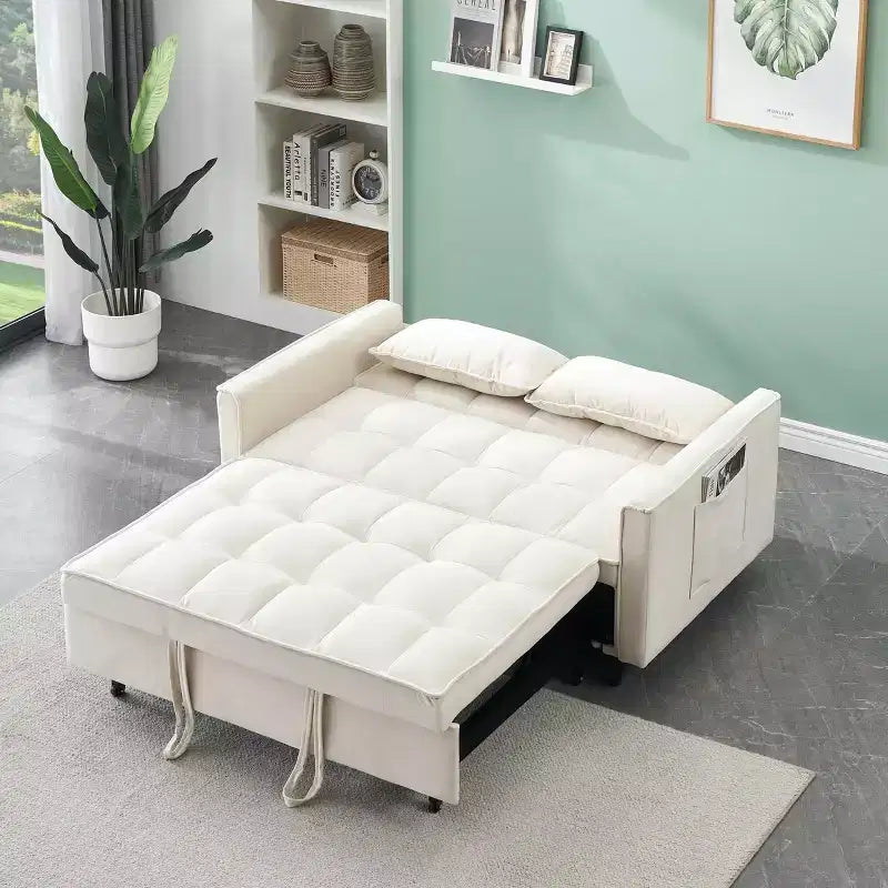 MAYEERTY Divano Moderno in Velluto a Due Posti, Divano Letto Estraibile con Cuscini Decorativi e Tasche per Soggiorno Camera da Letto, Beige