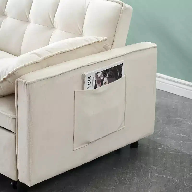 MAYEERTY Divano Moderno in Velluto a Due Posti, Divano Letto Estraibile con Cuscini Decorativi e Tasche per Soggiorno Camera da Letto, Beige