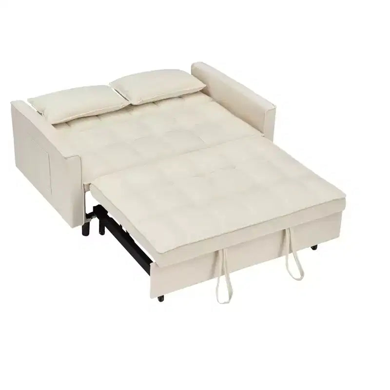 MAYEERTY Divano Moderno in Velluto a Due Posti, Divano Letto Estraibile con Cuscini Decorativi e Tasche per Soggiorno Camera da Letto, Beige