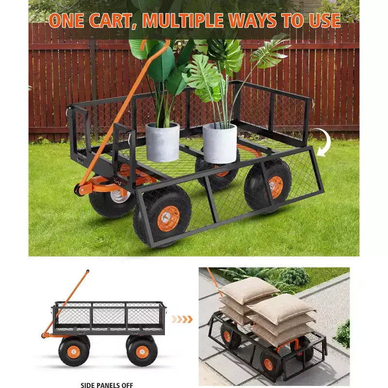 Carrello in acciaio per impieghi gravosi con maniglia girevole a 180° versatile, sponde rimovibili e ruote da 10 pollici per l'uso in cucina o in giardino