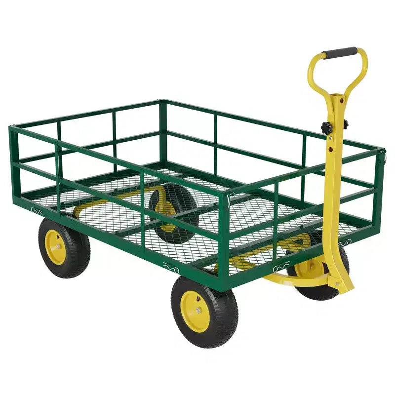 Heavy-duty steel cart with versatile 180 swivel handle, removable sides, and 10-inch wheels for use in the kitchen or garden
