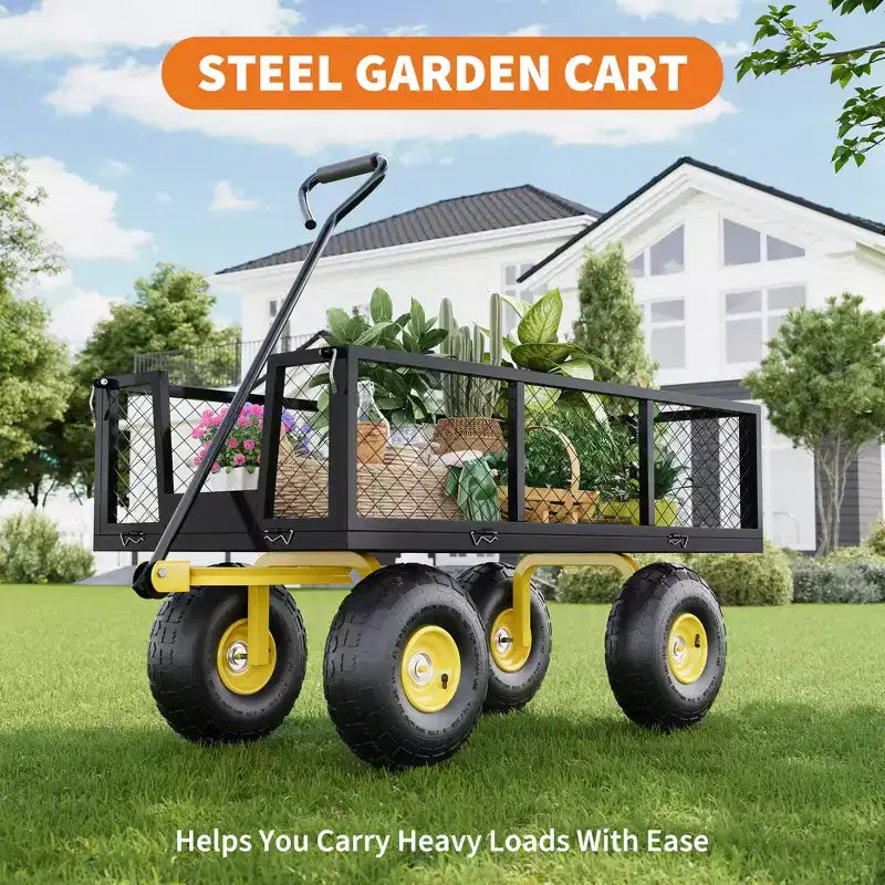Carrello in acciaio per impieghi gravosi con maniglia girevole a 180° versatile, sponde rimovibili e ruote da 10 pollici per l'uso in cucina o in giardino
