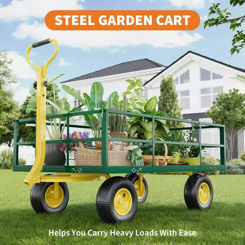 Carrello in acciaio per impieghi gravosi con maniglia girevole a 180° versatile, sponde rimovibili e ruote da 10 pollici per l'uso in cucina o in giardino