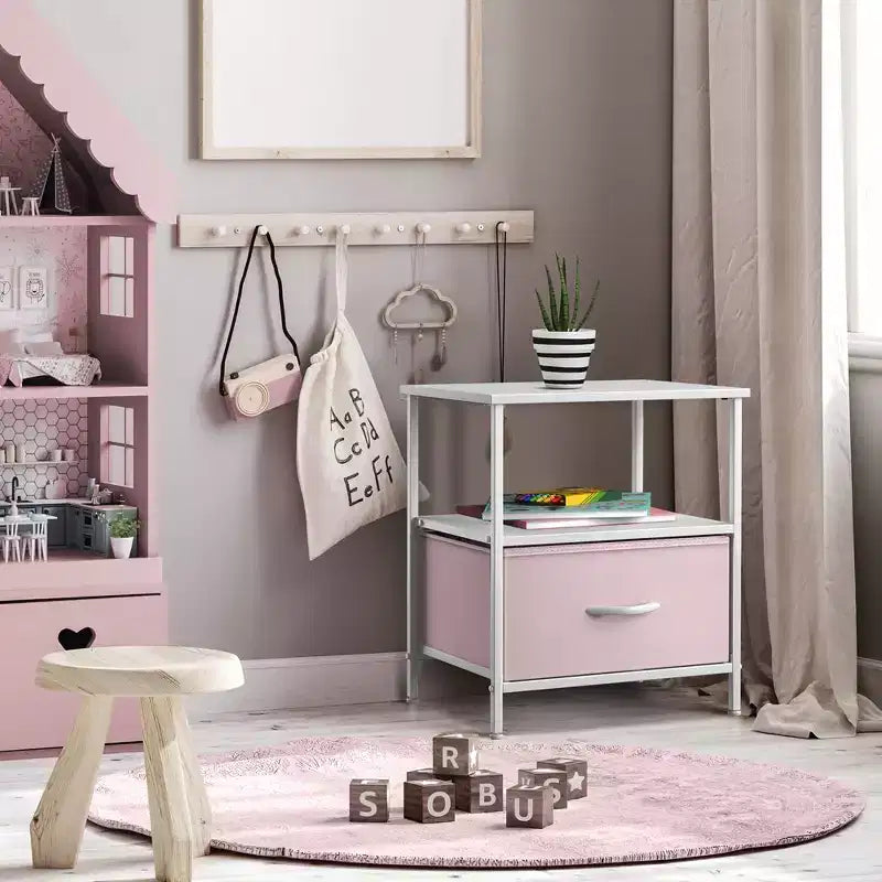 Sorbus Comodino a 1 cassetto con ripiano - Struttura in acciaio, piano in legno e contenitori in tessuto facili da estrarre - Perfetto per casa, camera da letto, ufficio e dormitorio universitario
