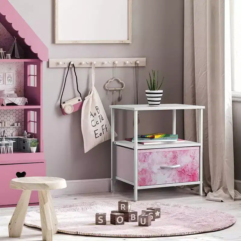 Sorbus Comodino a 1 cassetto con ripiano - Struttura in acciaio, piano in legno e contenitori in tessuto facili da estrarre - Perfetto per casa, camera da letto, ufficio e dormitorio universitario