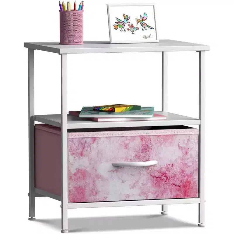 Sorbus Comodino a 1 cassetto con ripiano - Struttura in acciaio, piano in legno e contenitori in tessuto facili da estrarre - Perfetto per casa, camera da letto, ufficio e dormitorio universitario
