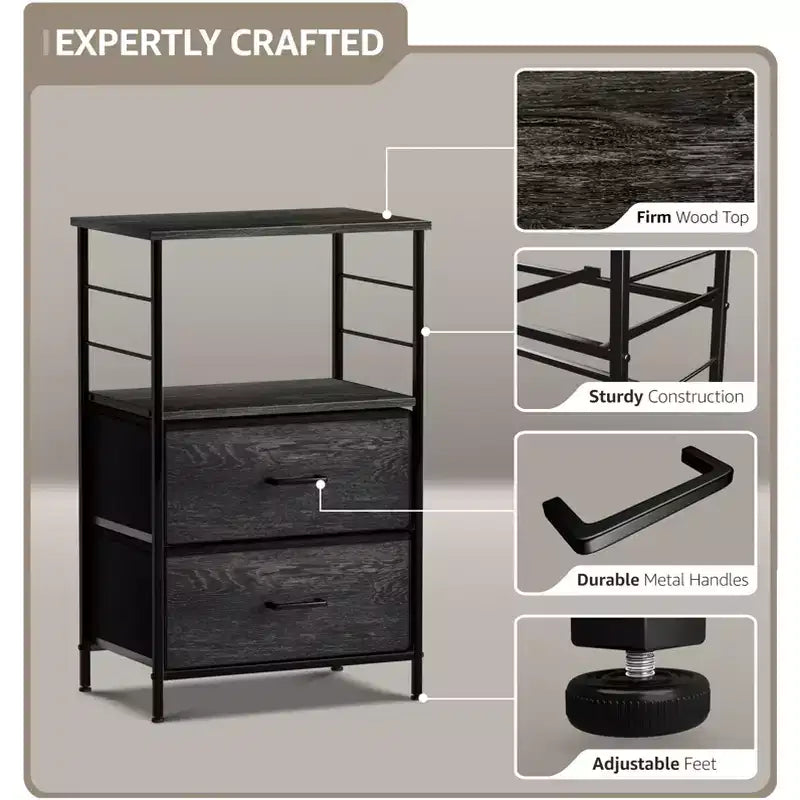 Comodino Sorbus a 2 cassetti con mensola - Struttura in acciaio, piano in legno e contenitori in tessuto facili da estrarre - Perfetto per casa, camera da letto, ufficio e altro ancora
