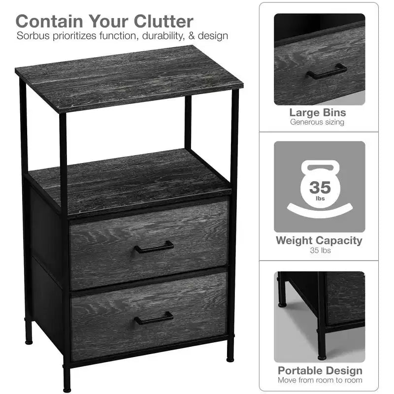 Comodino Sorbus a 2 cassetti con mensola - Struttura in acciaio, piano in legno e contenitori in tessuto facili da estrarre - Perfetto per casa, camera da letto, ufficio e altro ancora