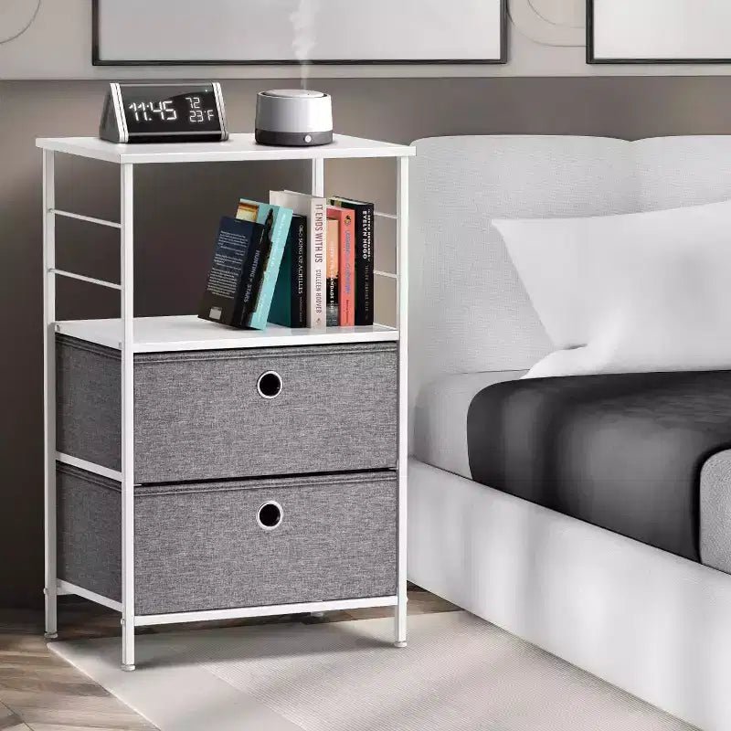 Comodino Sorbus a 2 cassetti con mensola - Struttura in acciaio, piano in legno e contenitori in tessuto facili da estrarre - Perfetto per casa, camera da letto, ufficio e altro ancora