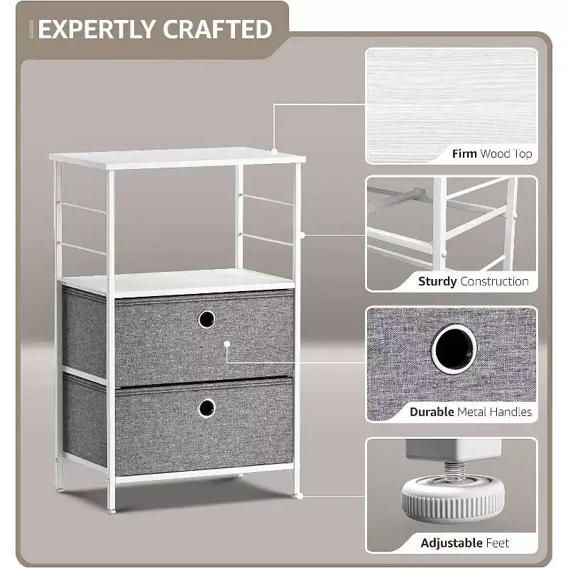 Comodino Sorbus a 2 cassetti con mensola - Struttura in acciaio, piano in legno e contenitori in tessuto facili da estrarre - Perfetto per casa, camera da letto, ufficio e altro ancora