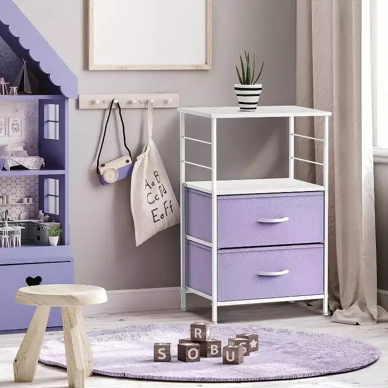 Comodino Sorbus a 2 cassetti con mensola - Struttura in acciaio, piano in legno e contenitori in tessuto facili da estrarre - Perfetto per casa, camera da letto, ufficio e altro ancora