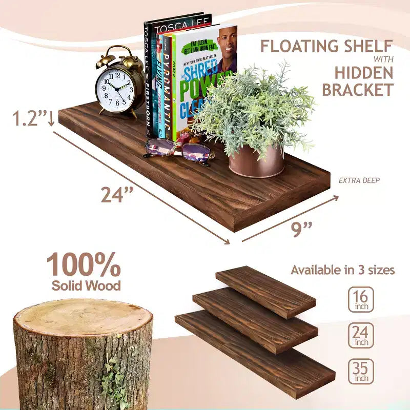 Sorbus, confezione da 2 mensole galleggianti da 24 pollici in legno massiccio - per l'arredamento di bagno, libri, camera da letto e soggiorno