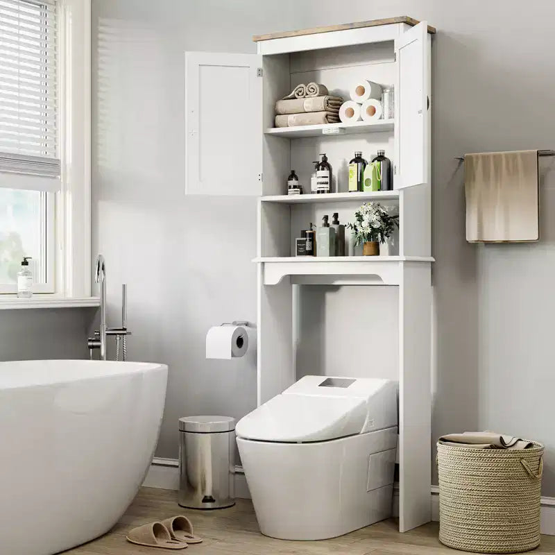Mobiletto portaoggetti sopra il WC, salvaspazio da bagno da 66 pollici con doppie ante e ripiani regolabili, scaffale da WC autoportante per bagni