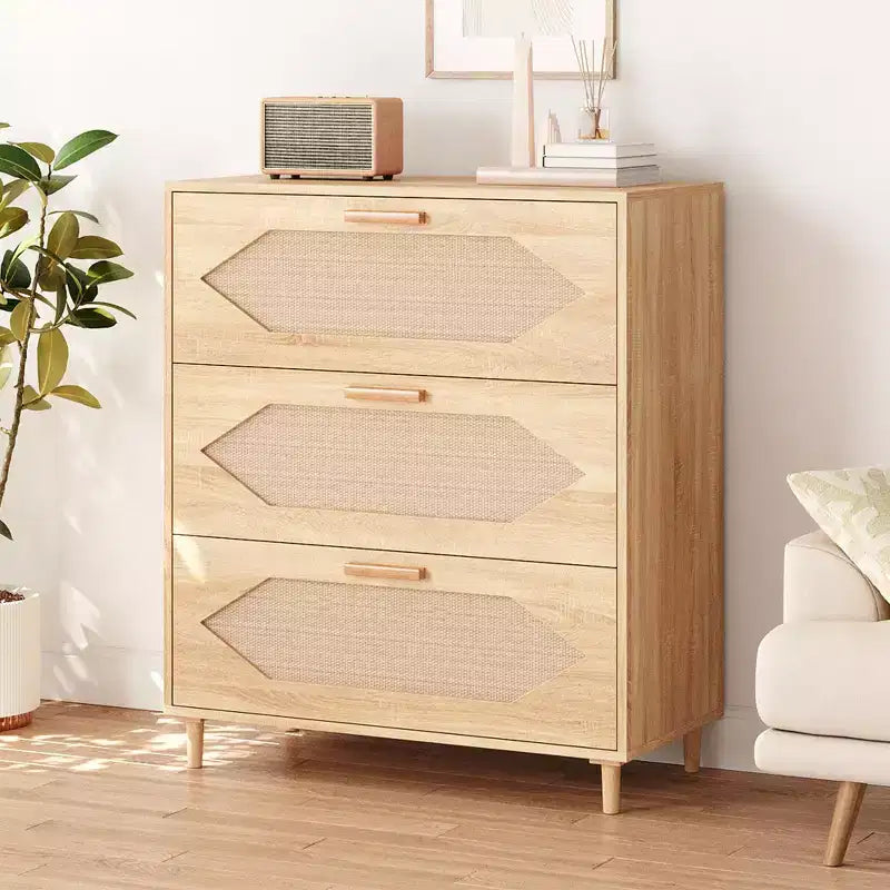 Cassettiera a 3 cassetti in rattan, Mobile contenitore elegante, Camera da letto, Soggiorno, Corridoio, Cassetti spaziosi