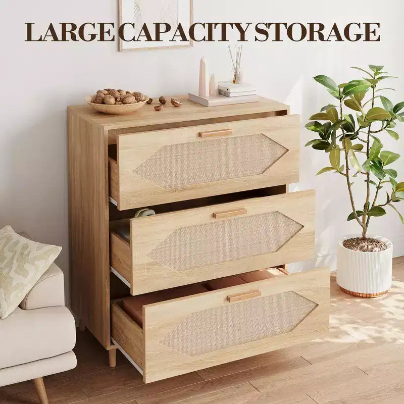 Cassettiera a 3 cassetti in rattan, Mobile contenitore elegante, Camera da letto, Soggiorno, Corridoio, Cassetti spaziosi