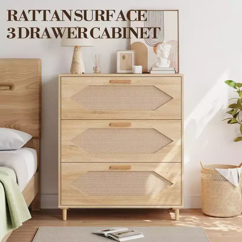 Cassettiera a 3 cassetti in rattan, Mobile contenitore elegante, Camera da letto, Soggiorno, Corridoio, Cassetti spaziosi