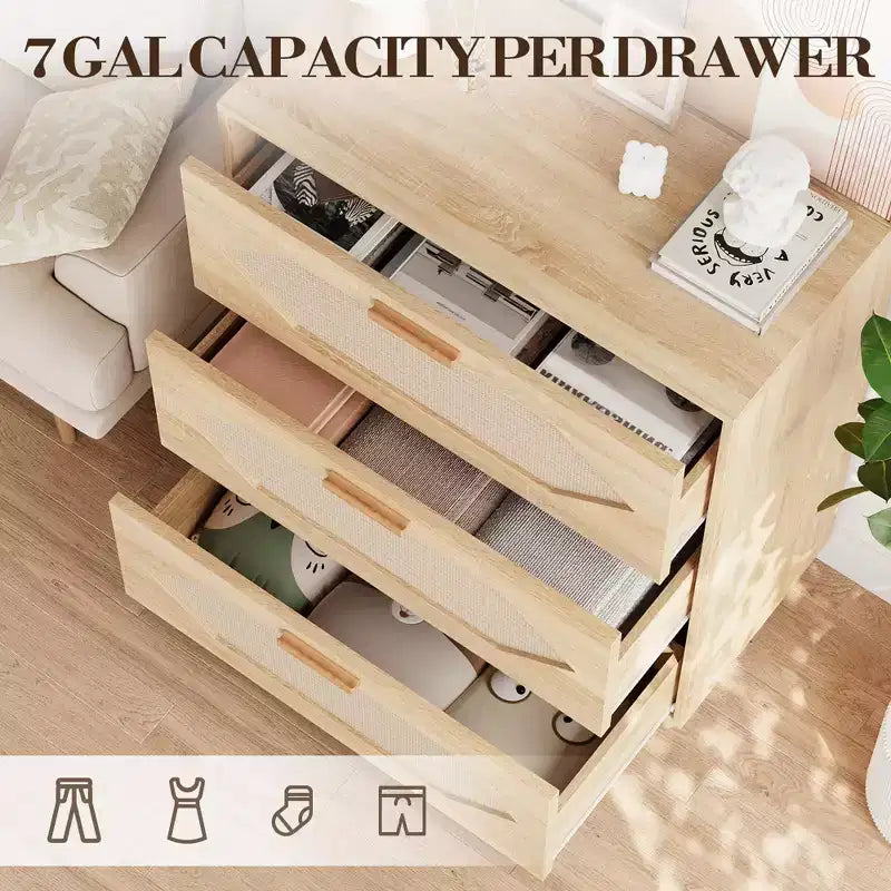 Cassettiera a 3 cassetti in rattan, Mobile contenitore elegante, Camera da letto, Soggiorno, Corridoio, Cassetti spaziosi