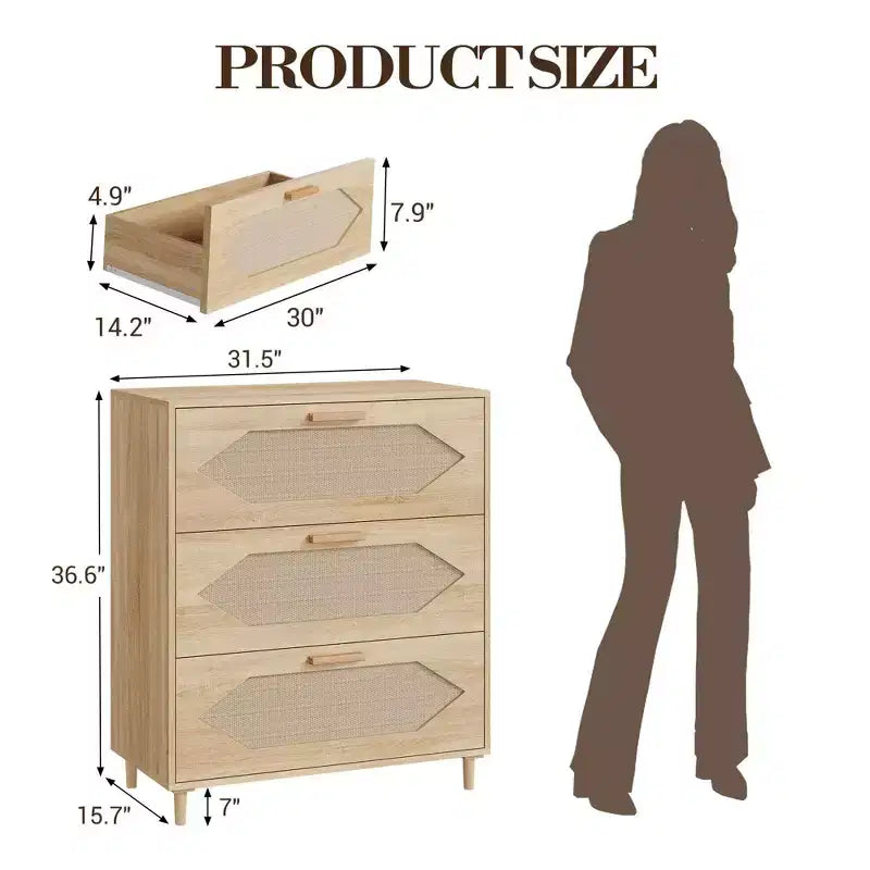 Cassettiera a 3 cassetti in rattan, Mobile contenitore elegante, Camera da letto, Soggiorno, Corridoio, Cassetti spaziosi