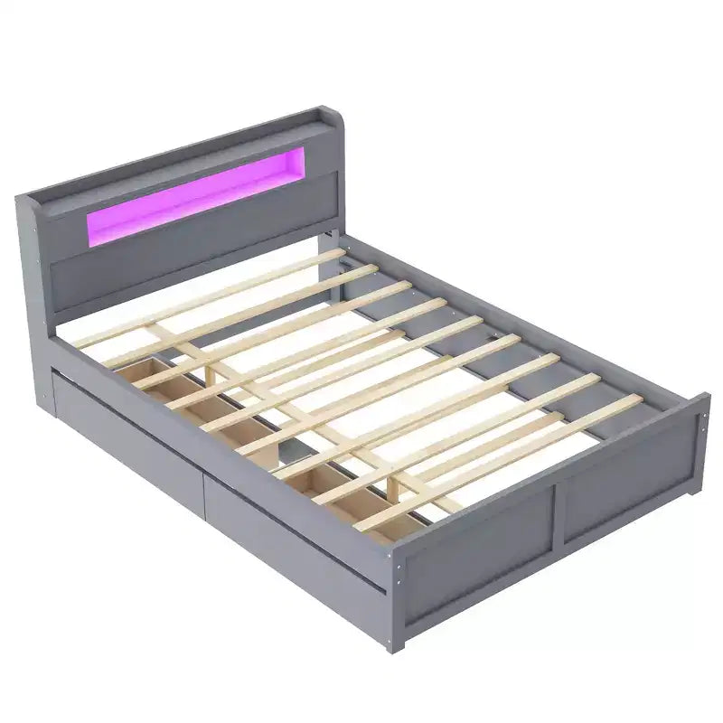 Letto a piattaforma Queen Size con letto estraibile, letto a piattaforma in legno con 2 cassetti portaoggetti e luce a LED
