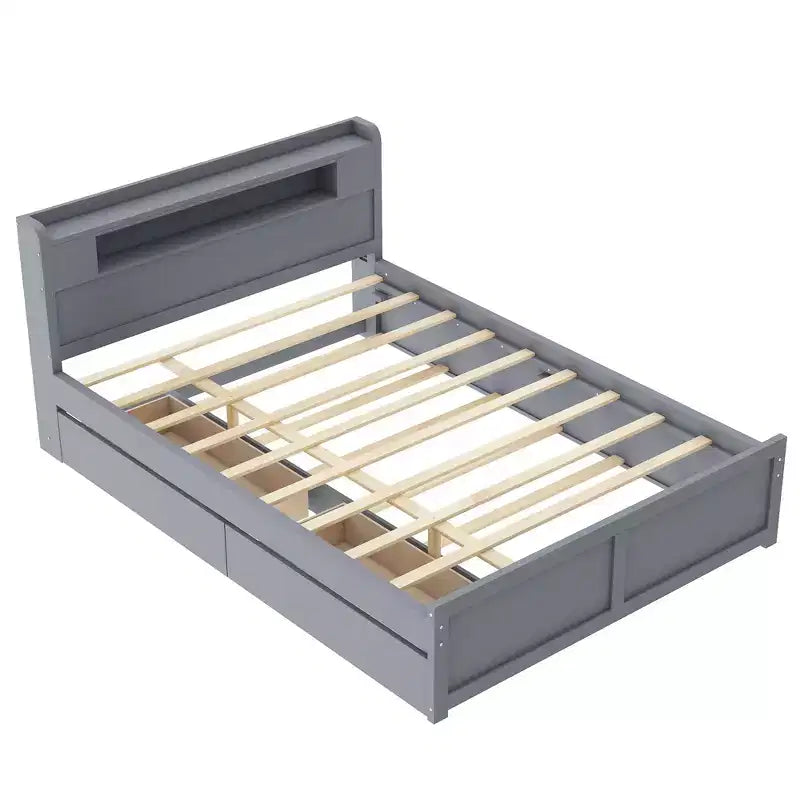 Letto a piattaforma Queen Size con letto estraibile, letto a piattaforma in legno con 2 cassetti portaoggetti e luce a LED
