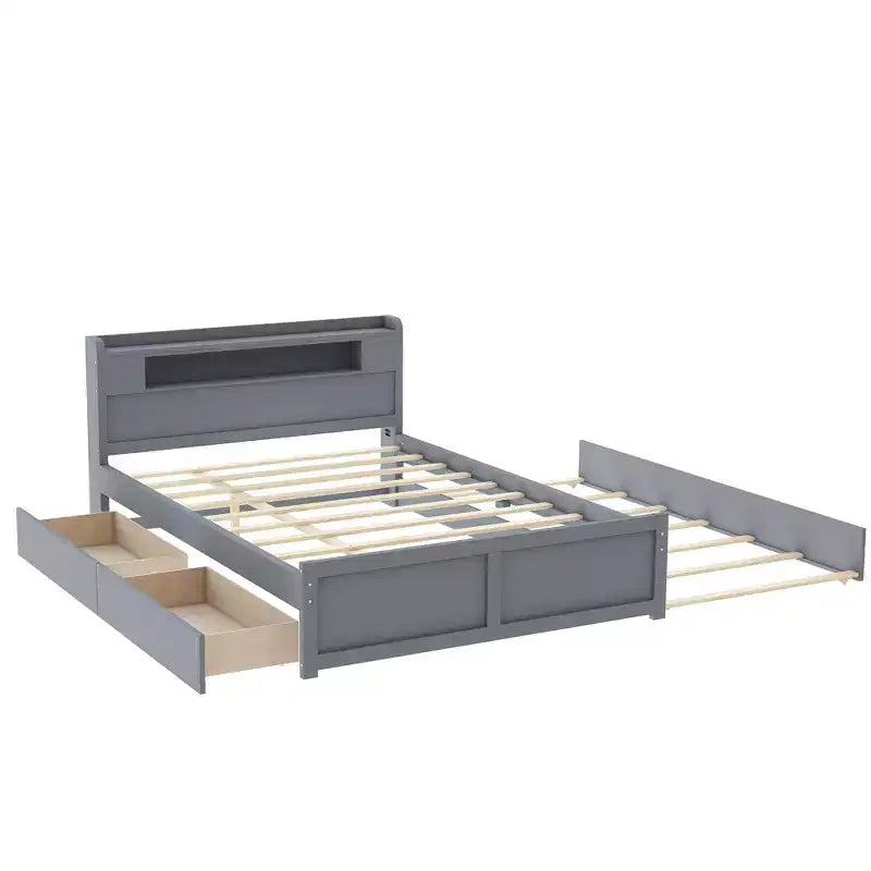 Letto a piattaforma Queen Size con letto estraibile, letto a piattaforma in legno con 2 cassetti portaoggetti e luce a LED