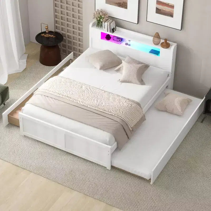 Letto a piattaforma Queen Size con letto estraibile, letto a piattaforma in legno con 2 cassetti portaoggetti e luce a LED