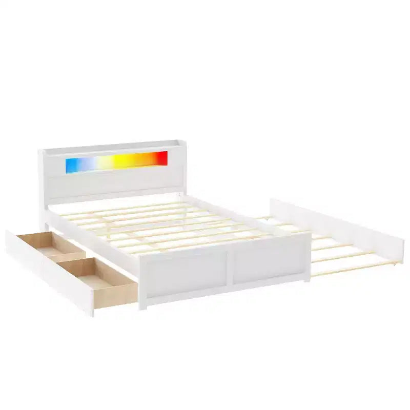 Letto a piattaforma Queen Size con letto estraibile, letto a piattaforma in legno con 2 cassetti portaoggetti e luce a LED