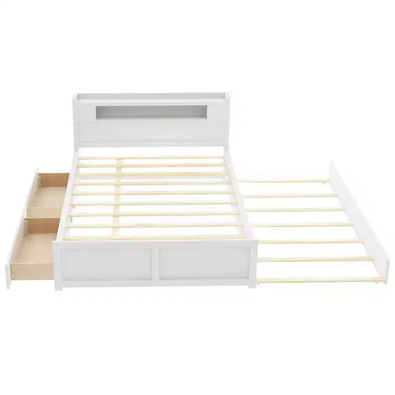 Letto a piattaforma Queen Size con letto estraibile, letto a piattaforma in legno con 2 cassetti portaoggetti e luce a LED