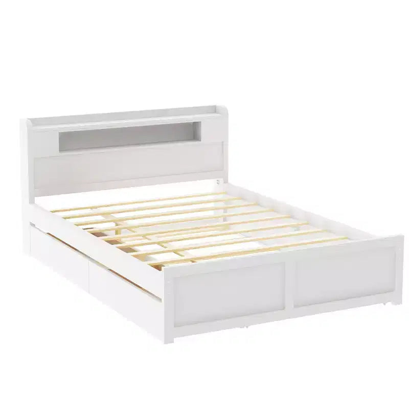 Letto a piattaforma Queen Size con letto estraibile, letto a piattaforma in legno con 2 cassetti portaoggetti e luce a LED