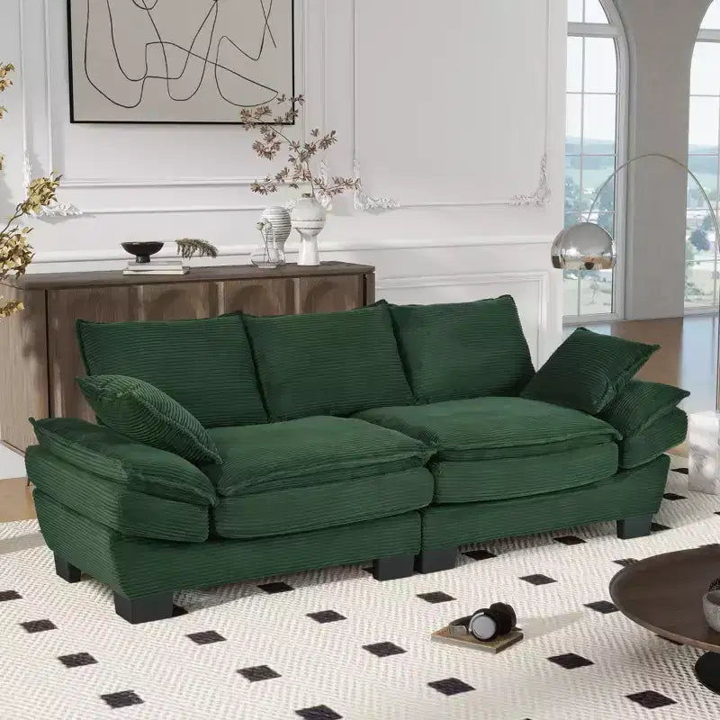Divano in tessuto a coste curvato moderno Clihome 85.4, divano con schienale imbottito con 2 cuscini decorativi