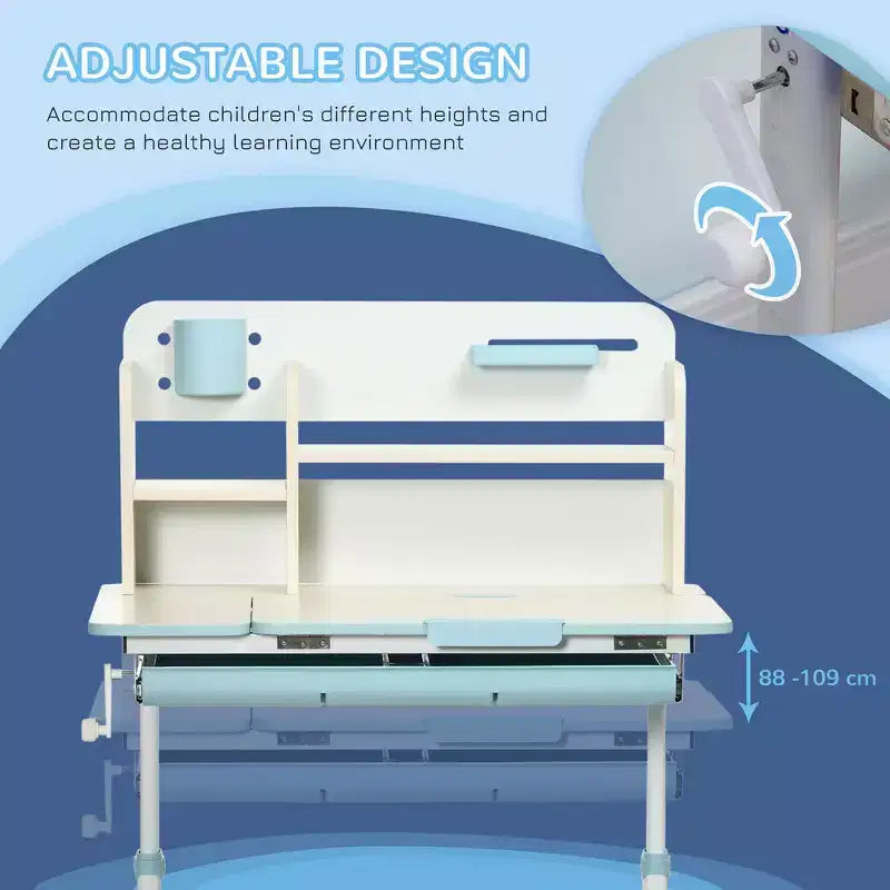 Scrivania regolabile Whisen Kids, scrivania da studente, scrivania inclinabile per bambini con piano inclinabile, cassetto - Blu