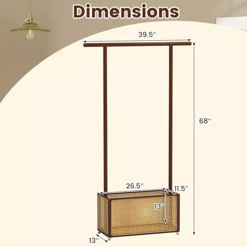 Costway Appendiabiti in Bambù con Cesto Portaoggetti in Rattan e Ruote, Appendiabiti Mobile Marrone/Beige
