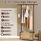 Costway Appendiabiti in Bambù con Cesto Portaoggetti in Rattan e Ruote, Appendiabiti Mobile Marrone/Beige