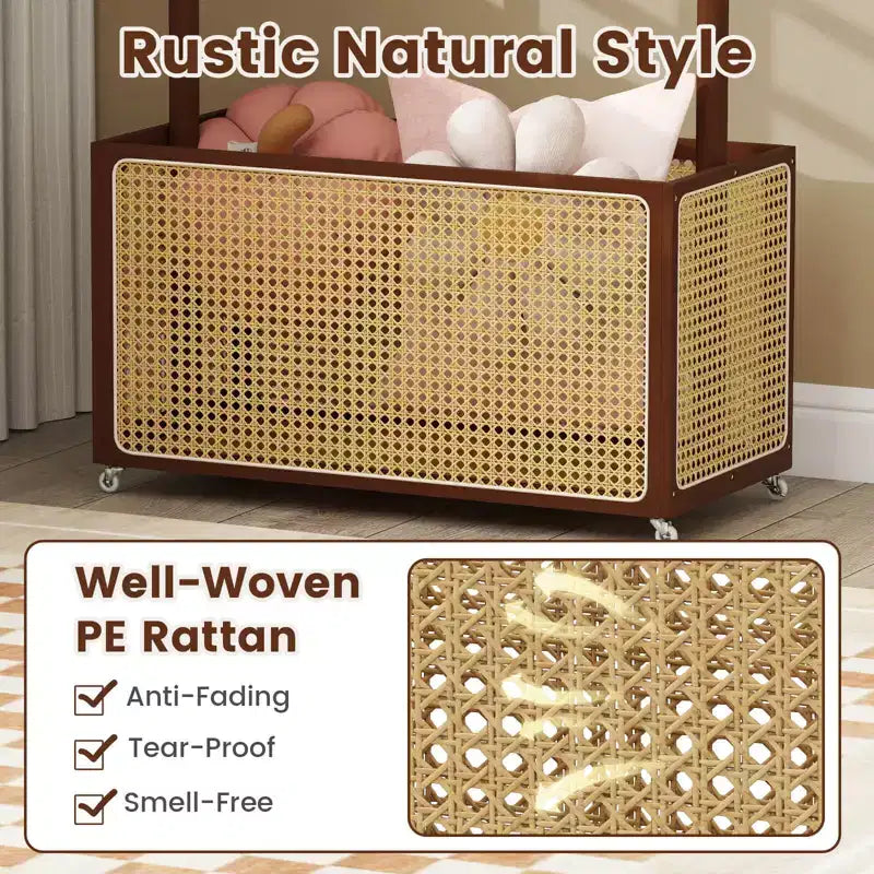 Costway Appendiabiti in Bambù con Cesto Portaoggetti in Rattan e Ruote, Appendiabiti Mobile Marrone/Beige