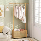 Costway Appendiabiti in Bambù con Cesto Portaoggetti in Rattan e Ruote, Appendiabiti Mobile Marrone/Beige
