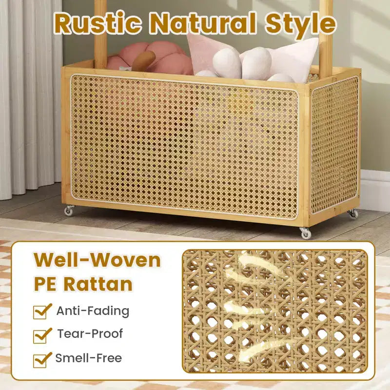 Costway Appendiabiti in Bambù con Cesto Portaoggetti in Rattan e Ruote, Appendiabiti Mobile Marrone/Beige