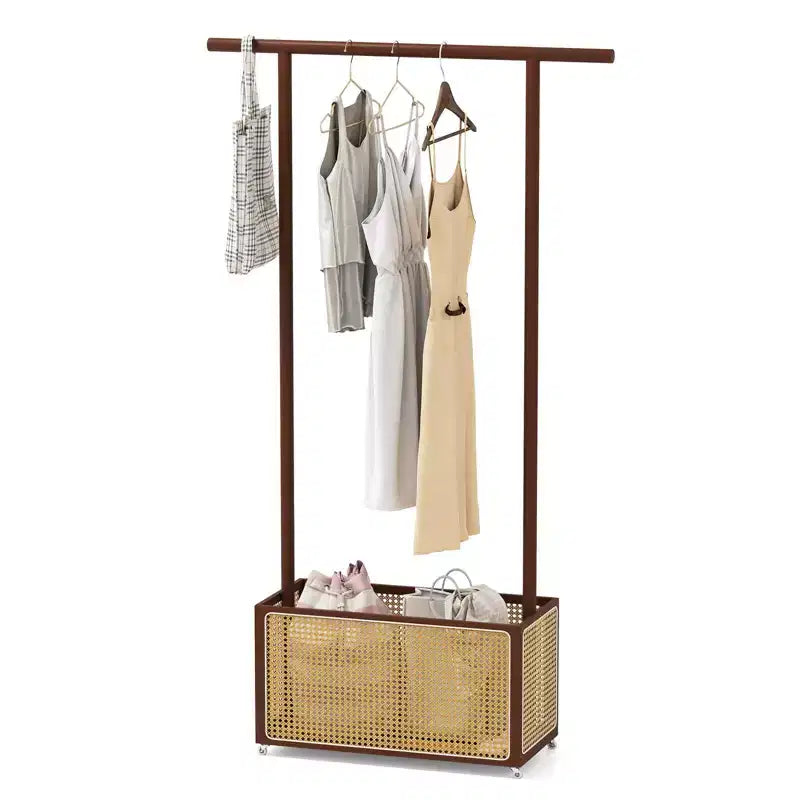 Costway Appendiabiti in Bambù con Cesto Portaoggetti in Rattan e Ruote, Appendiabiti Mobile Marrone/Beige