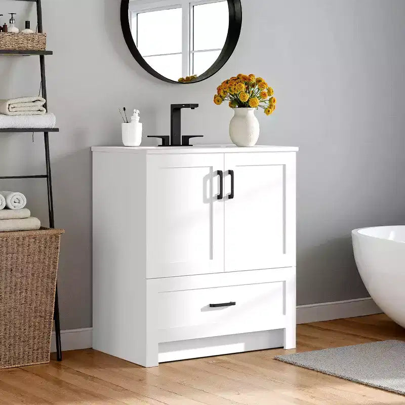 Mobile Bagno Moderno Yaheetech 86,3 cm di Altezza, Autoportante con Lavabo, Bianco