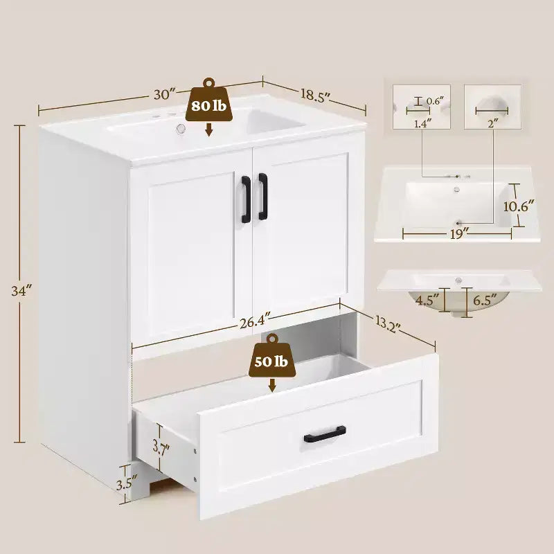 Mobile Bagno Moderno Yaheetech 86,3 cm di Altezza, Autoportante con Lavabo, Bianco