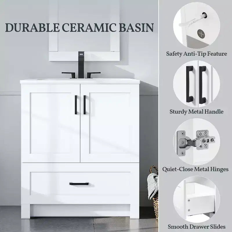 Mobile Bagno Moderno Yaheetech 86,3 cm di Altezza, Autoportante con Lavabo, Bianco