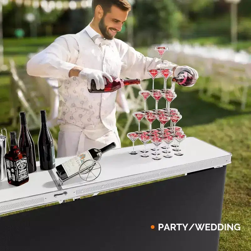 VINGLI 78 Tavolo Bar Portatile, 2 Ripiani, Tavolo Bar Mobile per Eventi, Feste, Campeggio, Picnic, Fieristici, Interni con Gonna Nera