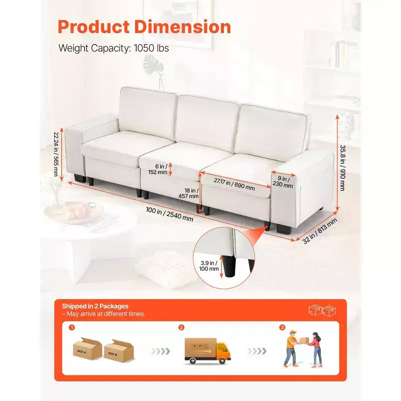 VEVOR Divano modulare a 3 posti da 100 pollici Divano comodo con sedili profondi e contenitore nascosto, Design moderno per soggiorno, appartamento o ufficio, Bianco