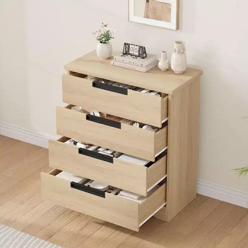 Cassettiera a quattro cassetti con maniglia integrata, mobiletto in legno, salvaspazio, adatto per soggiorni e corridoi.
